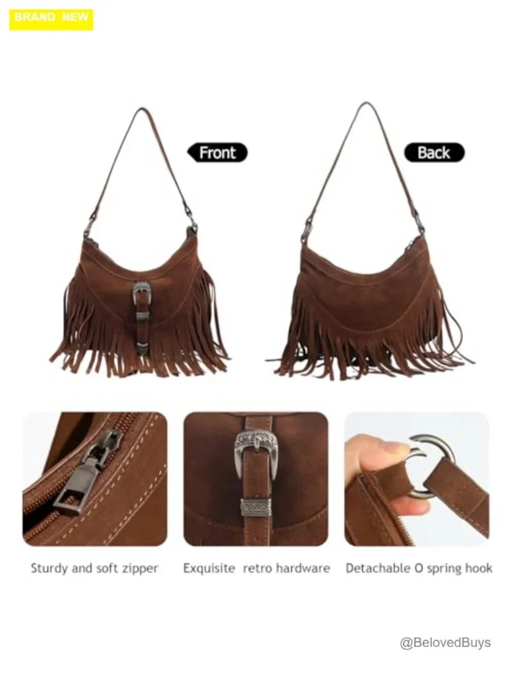 Vegan Suede Fringe Hobo Purse with Tassel Crossbody Shoulder Bag